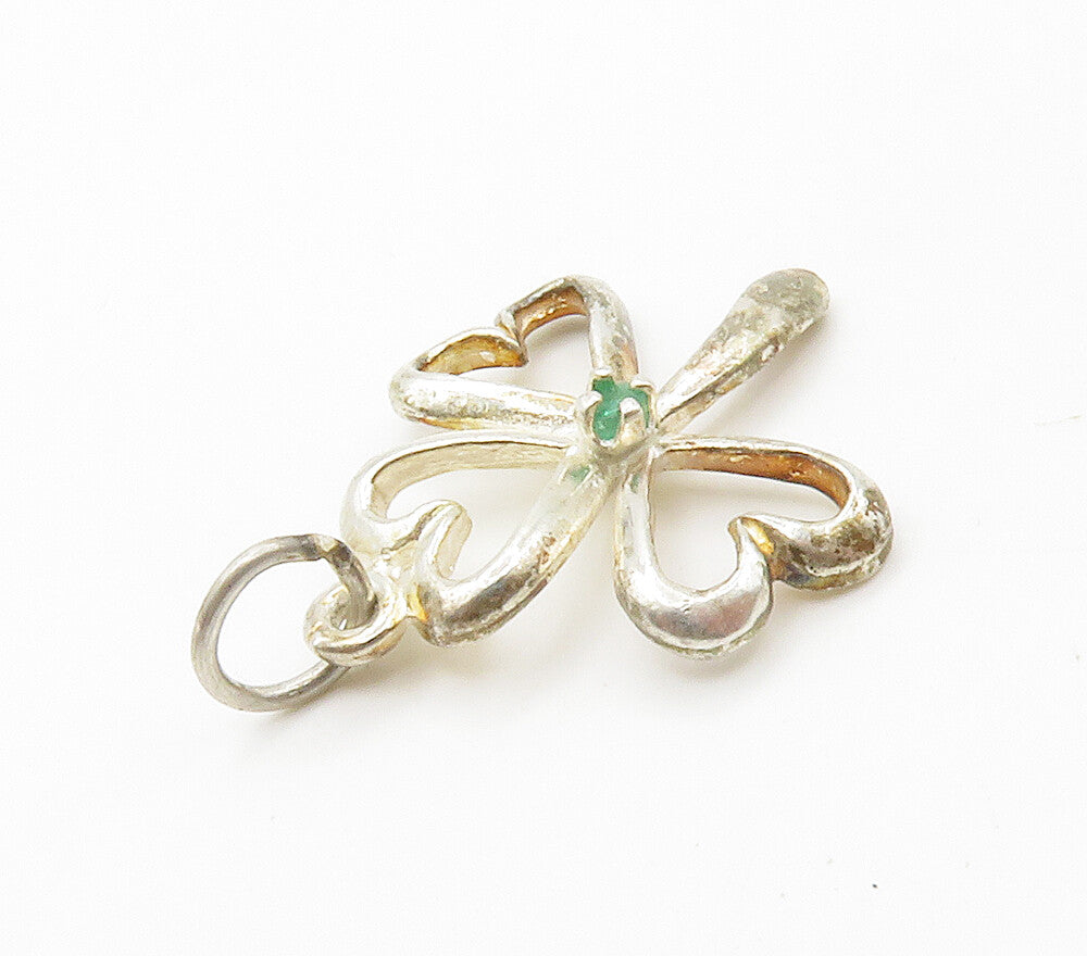 925 Sterling Silver  Vintage Green Topaz Love Heart Clover Pendant  PT11787