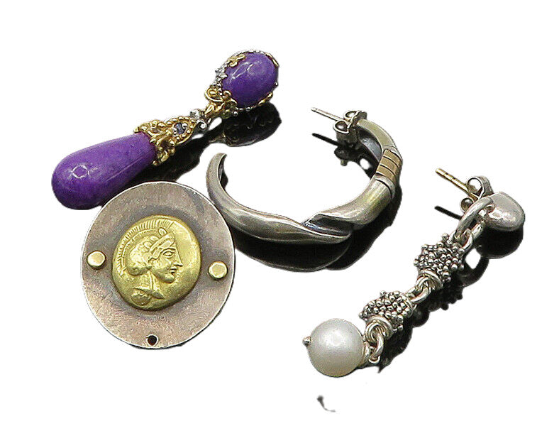 DESIGNER 925 Silver & 14K GOLD  Vintage Pearl Lot Single Earrings  EG11383