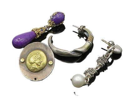 DESIGNER 925 Silver & 14K GOLD  Vintage Pearl Lot Single Earrings  EG11383