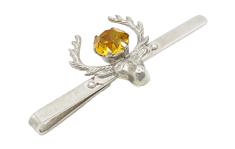 SCOTLAND 925 Silver  Vintage Citrine Shiny Reindeer Head Tie Clip  TR2239