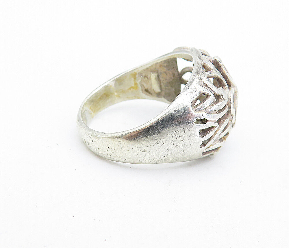 925 Sterling Silver  Vintage Open Flowers Motif Dome Band Ring Sz 8.5  RG7084