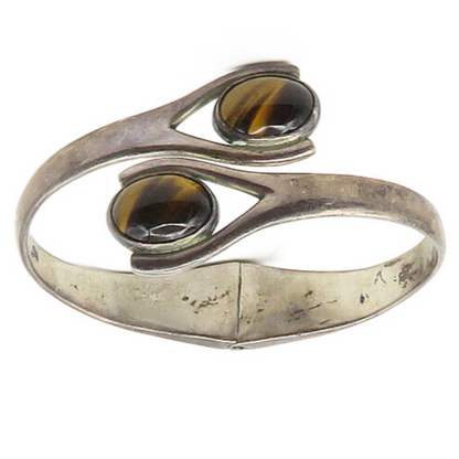MEXICO 925 Silver  Vintage Cabochon Tiger's Eye Bypass Bangle Bracelet  BT6877