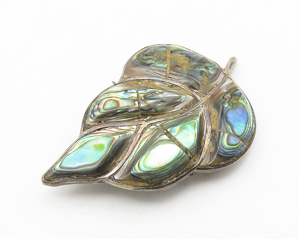 TAXCO 925 Sterling Silver  Vintage Abalone Shell Floral Leaf Brooch Pin BP4274