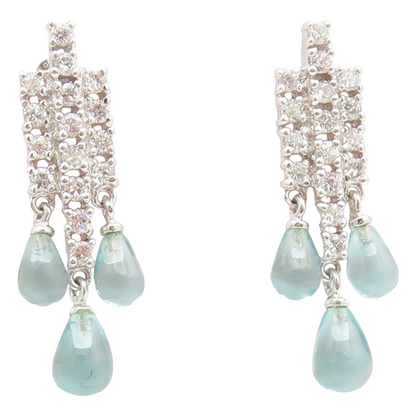 925 Sterling Silver Vintage Earrings Aquamarine & CZ Pave Classic Drop  EG14164