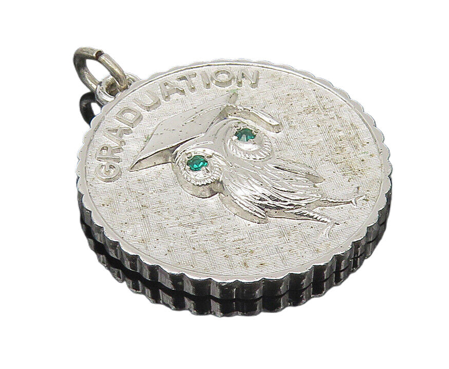 925 Sterling Silver  Vintage Green Topaz Accent Graduated Owl Pendant  PT8349
