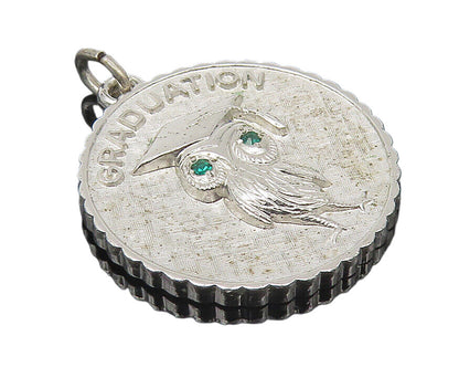 925 Sterling Silver  Vintage Green Topaz Accent Graduated Owl Pendant  PT8349