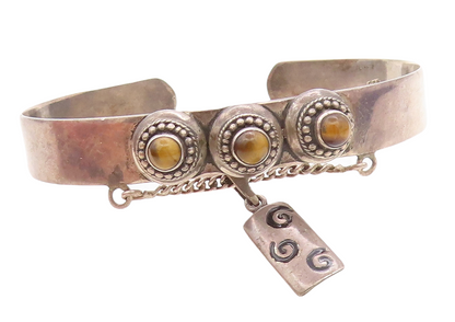 925 Sterling Silver  Vintage Antique Tiger's Eye Dome Cuff Bracelet  BT2972