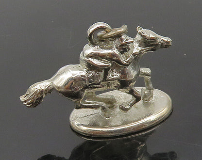 925 Sterling Silver  Vintage Shiny Horse Jockey Statue Drop Pendant  PT12729
