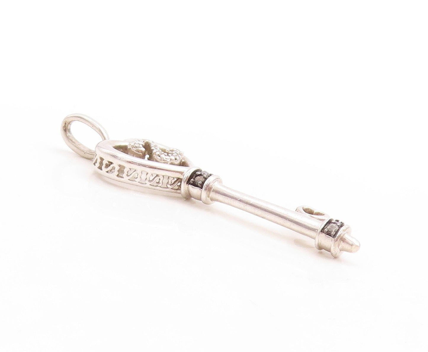 925 Sterling Silver Vintage Pendant White & Black Diamonds Key Of Love  PT23762