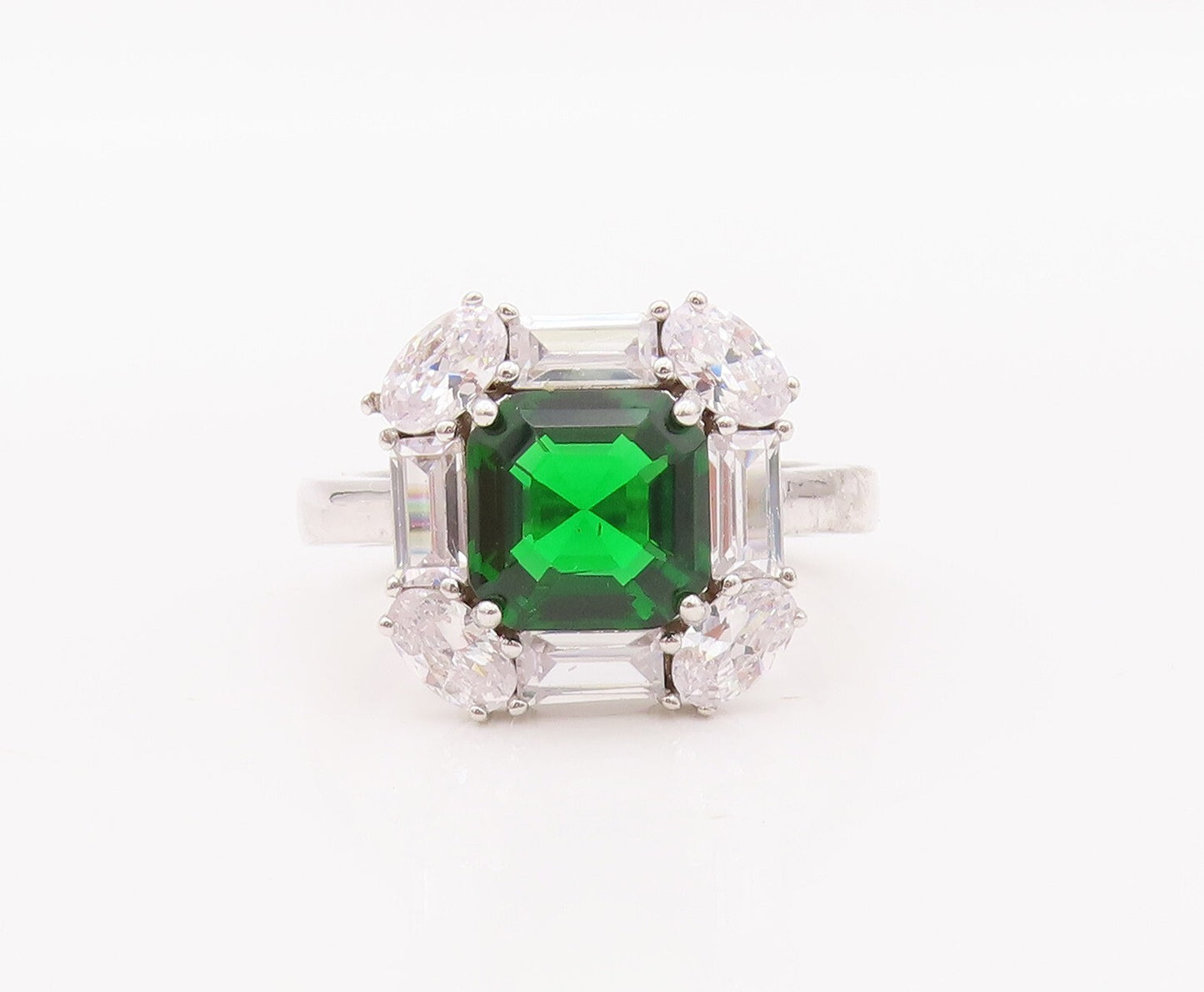 925 Sterling Silver Vintage Ring Square Cut Green & White Topaz  Sz 7  RG29310