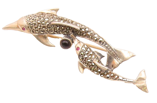 925 Silver  Vintage Tourmaline Onyx & Marcasite Dolphins Brooch Pin  BP9501