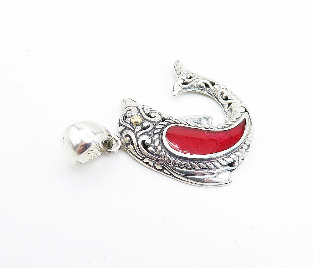 925 Sterling Silver & 18K GOLD  Red Coral Shiny Dolphin Motif Pendant  PT5840