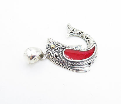 925 Sterling Silver & 18K GOLD  Red Coral Shiny Dolphin Motif Pendant  PT5840