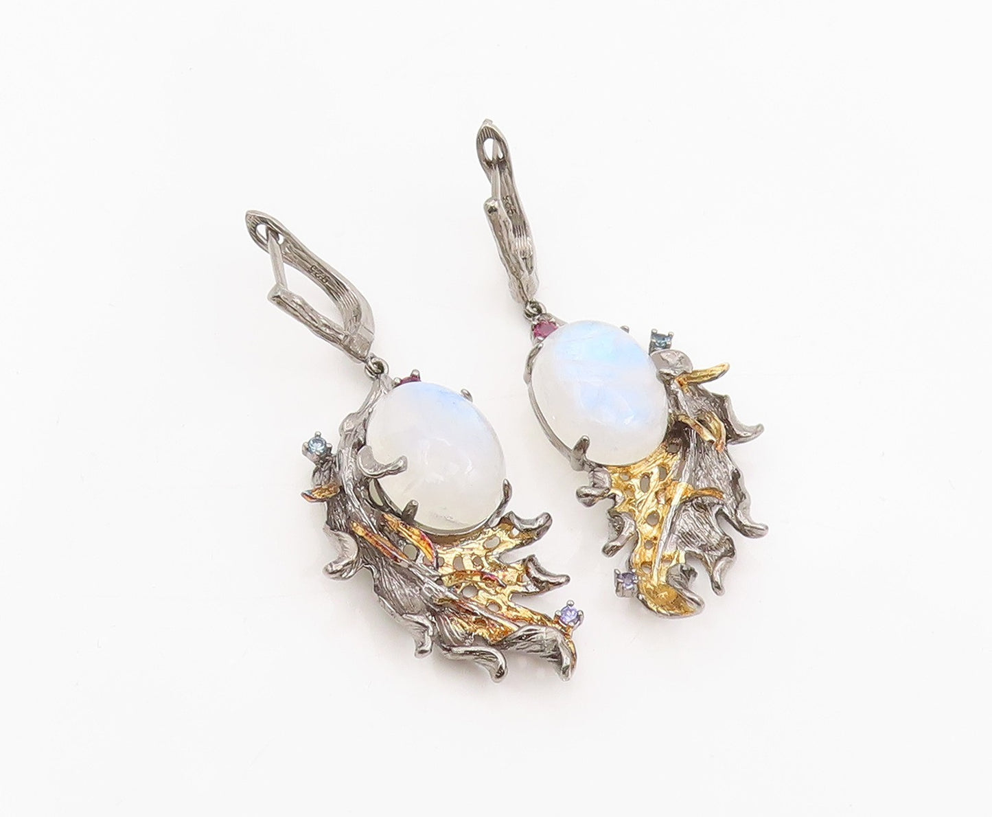 925 Sterling Silver Vintage Earrings Cabochon Moonstone Leaf Design  EG13845