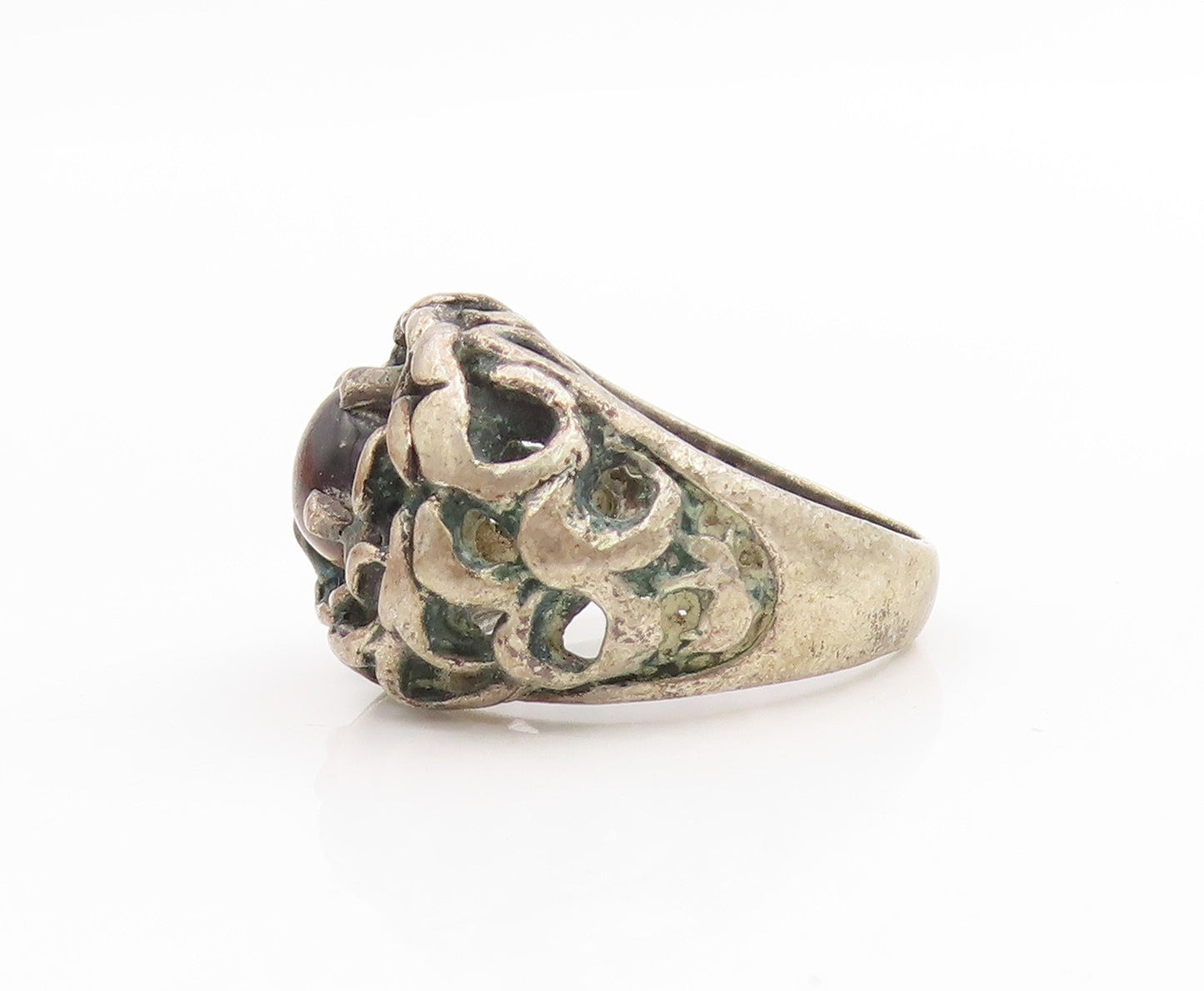 925 Sterling Silver Vintage Ring Round Tiger's Eye Brutalist Band  Sz 6  RG34033
