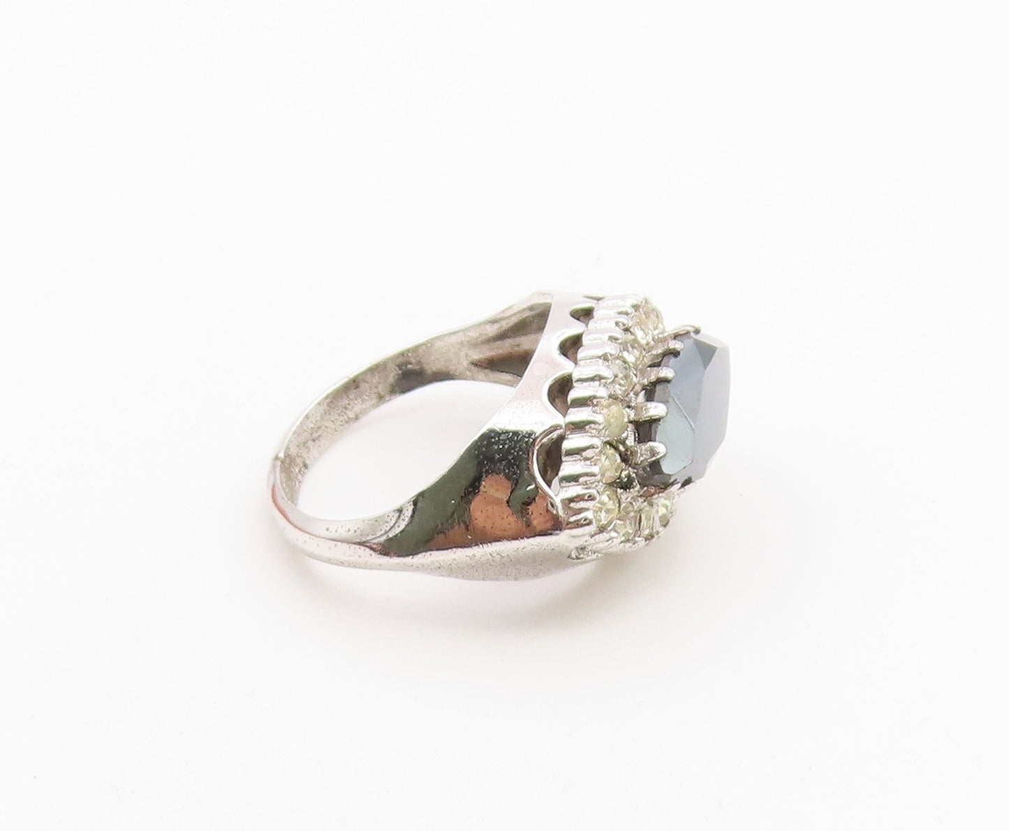 925 Sterling Silver Vintage Ring Marquise Hematite Halo CZ Band  Sz 6  RG36743