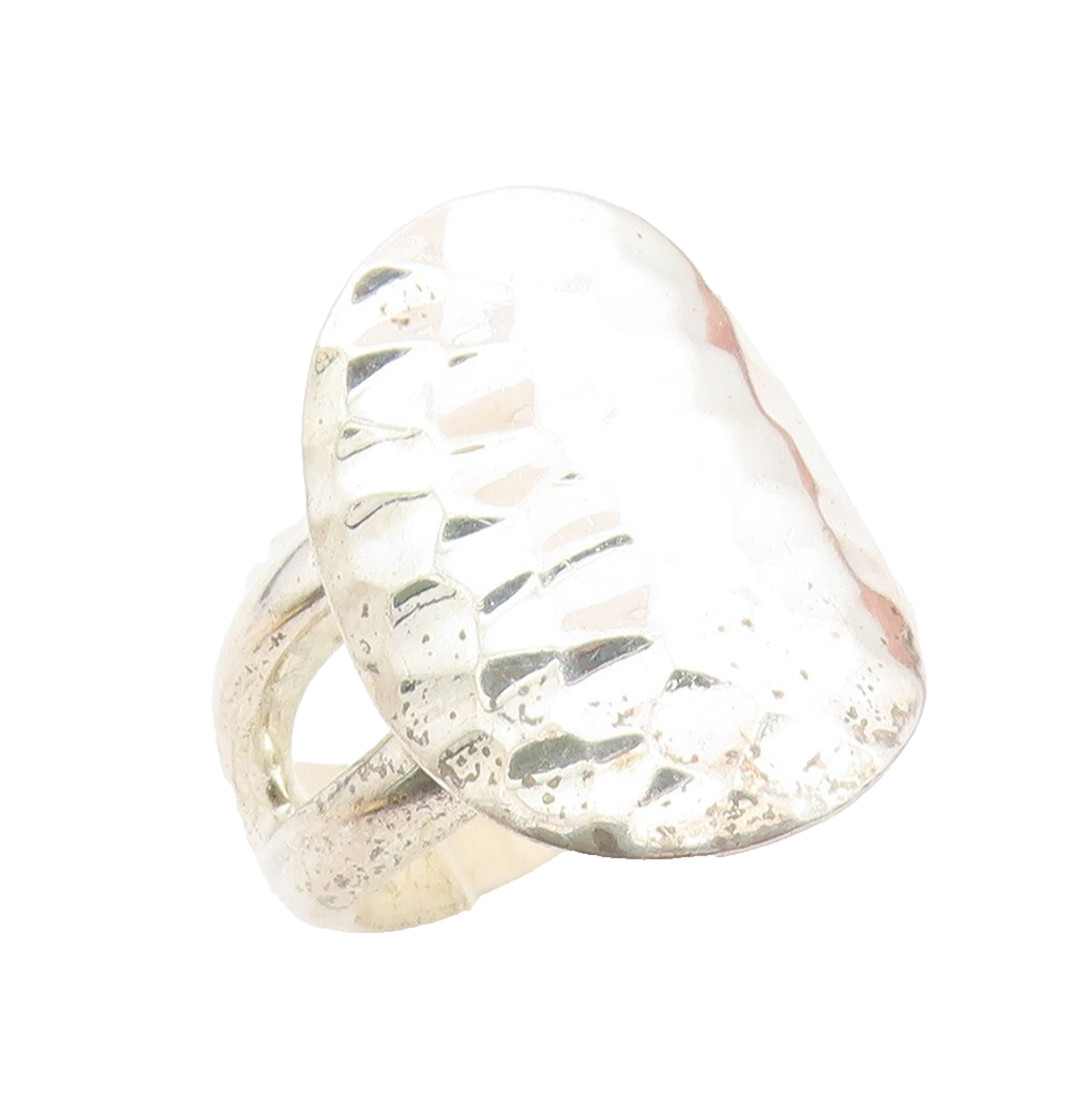 925 Sterling Silver Vintage Ring Large Oval Hammered Effect  Sz 7.5  RG31343