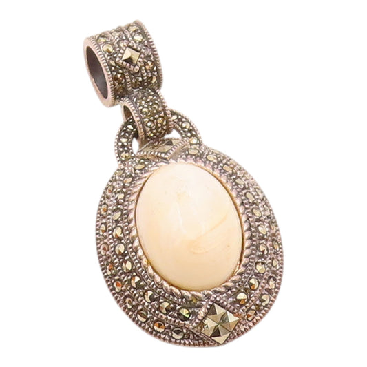 JUDITH JACK 925 Silver  Vintage White Agate & Marcasite Oval Pendant  PT13334