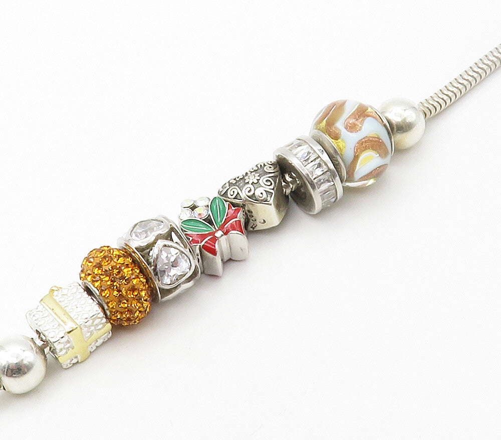 925 Silver  Cubic Zirconia & Citrine Beaded Charms Chain Bracelet  BT6581