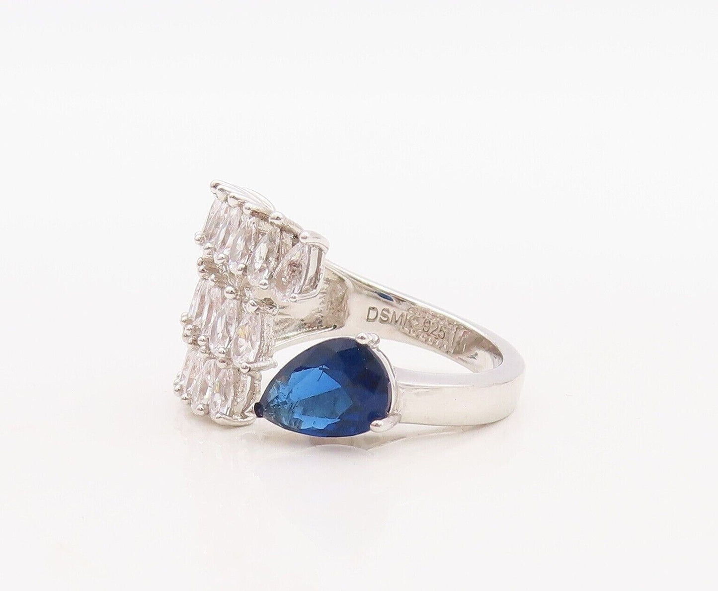925 Sterling Silver Vintage Ring Designer Drop Cut Topaz Sapphire  Sz 8  RG30059