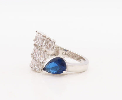 925 Sterling Silver Vintage Ring Designer Drop Cut Topaz Sapphire  Sz 8  RG30059