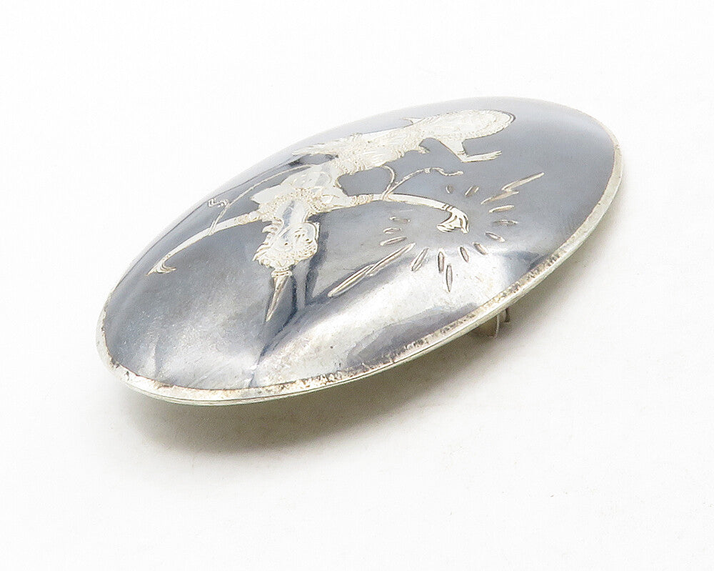 SIAM 925 Sterling Silver  Vintage Enamel Niello Dancer Oval Brooch Pin  BP5081