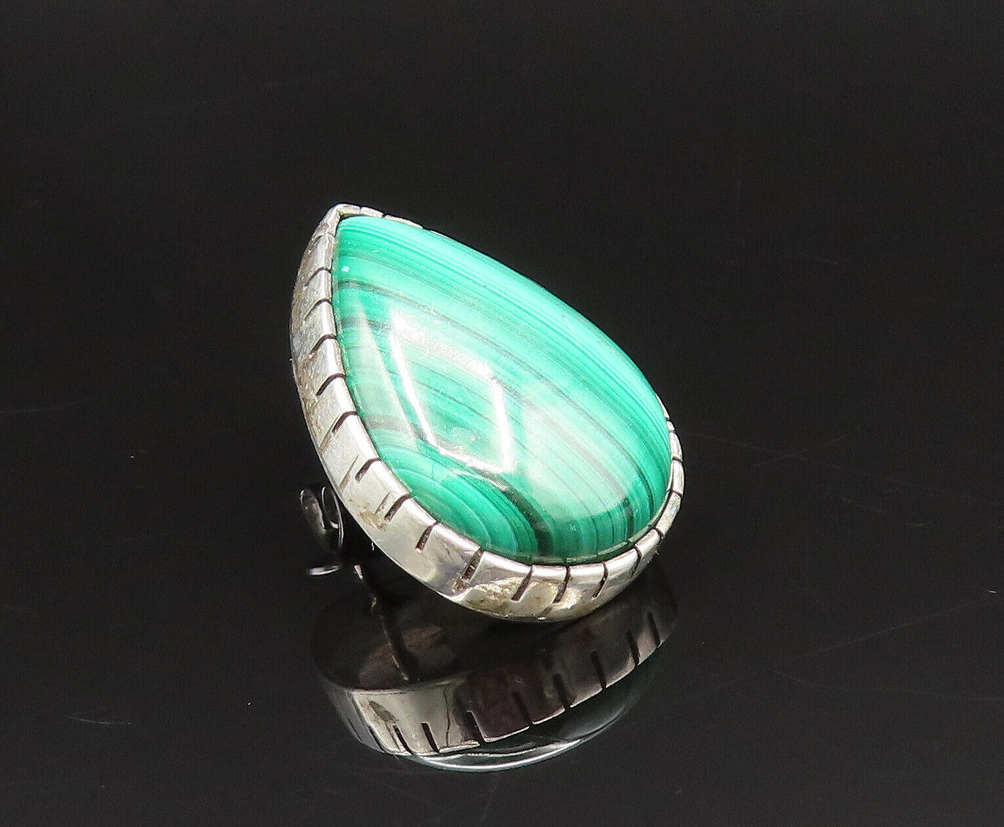 NAVAJO 925 Silver  Vintage Etched Pear Shaped Malachite Earrings  EG11949