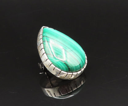 NAVAJO 925 Silver  Vintage Etched Pear Shaped Malachite Earrings  EG11949