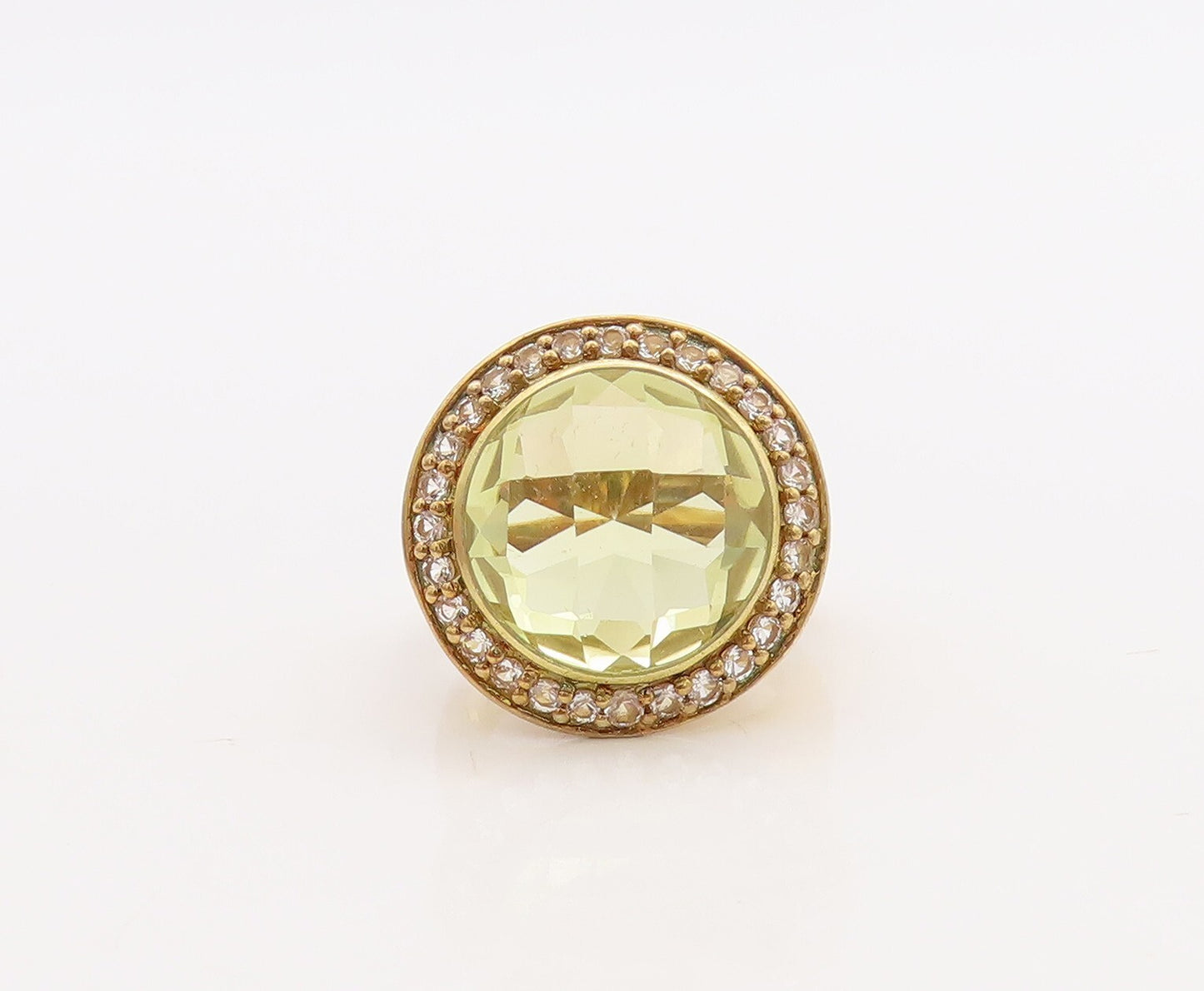 925 Sterling Silver Vintage Ring Gold Plated Lime Quartz Halo Topaz Sz 7 RG29879