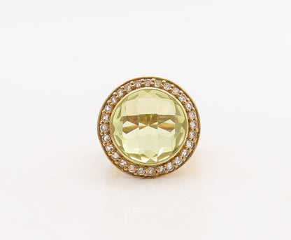925 Sterling Silver Vintage Ring Gold Plated Lime Quartz Halo Topaz Sz 7 RG29879