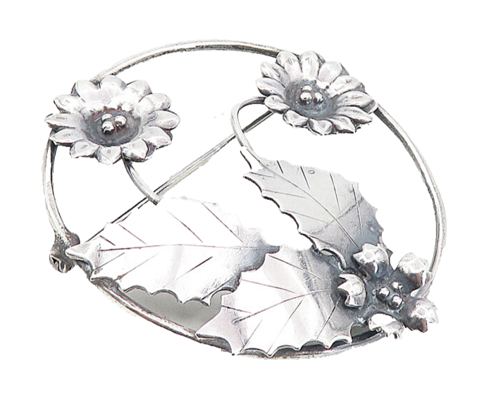 925 Sterling Silver  Vintage Shiny Oxidized Sun Flowers Brooch Pin  BP3072