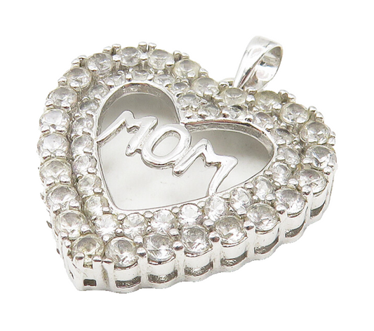 925 Sterling Silver  Vintage Shiny Topaz Mom Love Heart Drop Pendant  PT9007