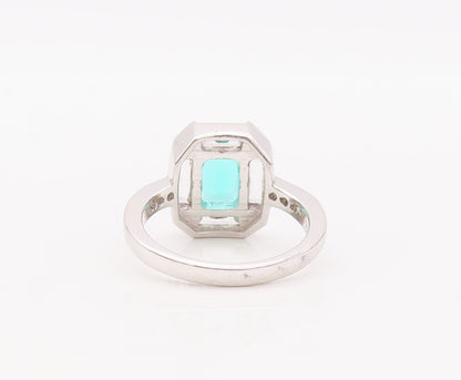 925 Sterling Silver Vintage Ring Rectangle Sea Green White CZ Frame Sz 7 RG29897
