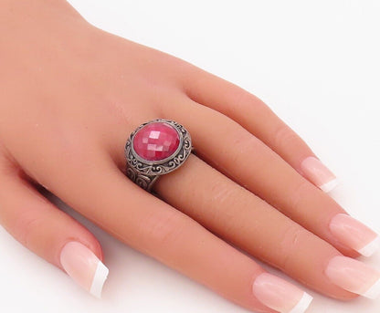 925 Sterling Silver Vintage Ring Dark Tone Swirly Carved Red Gem  Sz 10  RG30290
