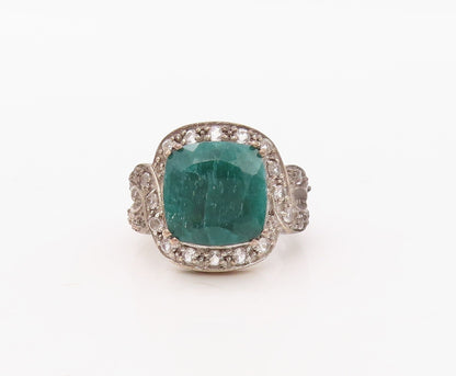 925 Sterling Silver Vintage Ring Square Cut Gemstone & CZ Inlay  Sz 7  RG30597