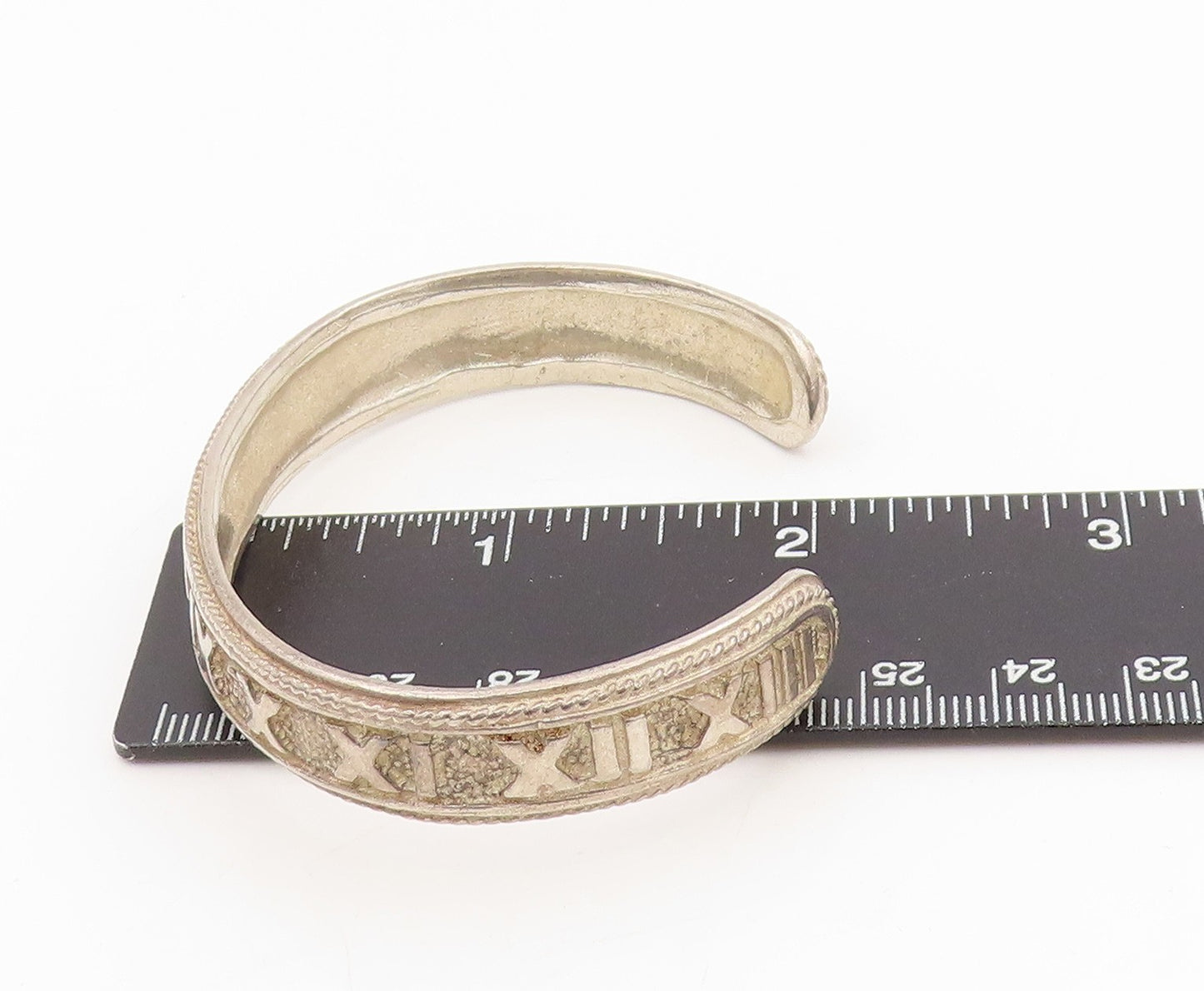 925 Sterling Silver Vintage Bracelet Bold Roman Numerals Rope Edge Cuff  BT11564