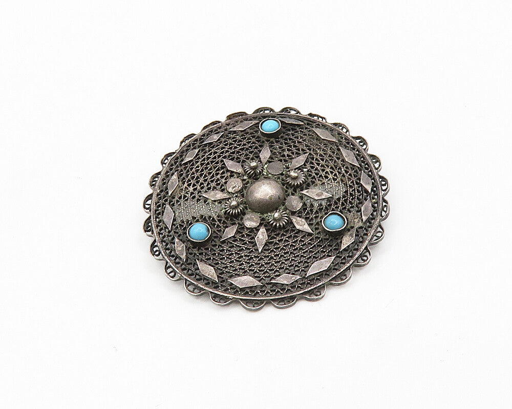 ISRAEL 925 Silver  Vintage Antique Turquoise Floral Pattern Brooch Pin  BP7687