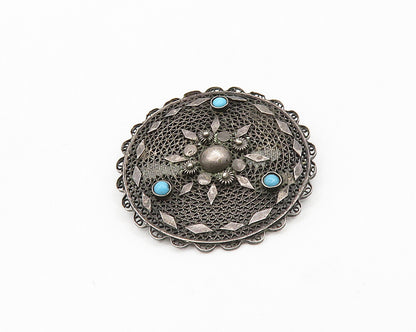 ISRAEL 925 Silver  Vintage Antique Turquoise Floral Pattern Brooch Pin  BP7687