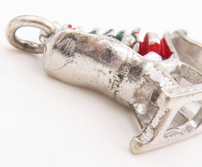 925 Sterling Silver Vintage Pendant Enameled Christmas Sleigh Charm  PT25384