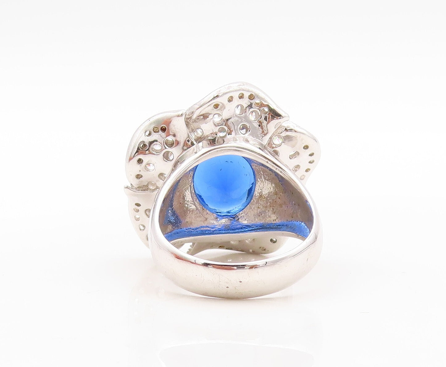 925 Sterling Silver Vintage Ring Cutout Sapphire & CZ Flower  Sz 7.5  RG30669