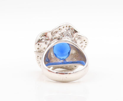 925 Sterling Silver Vintage Ring Cutout Sapphire & CZ Flower  Sz 7.5  RG30669