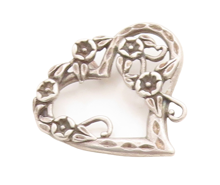 925 Sterling Silver Vintage Pendant Dark Tone Cutout Floral Heart  PT23753