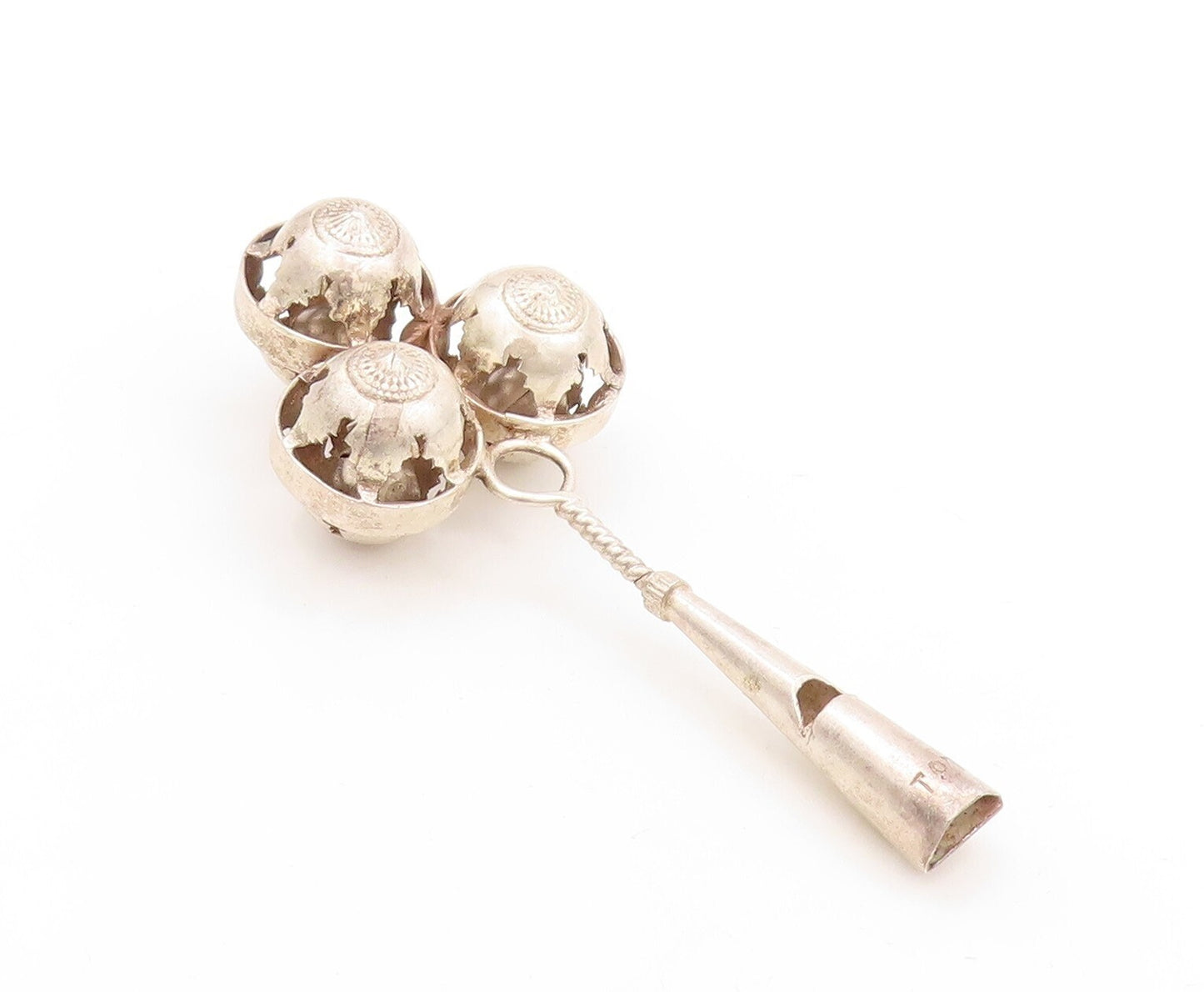 925 Sterling Silver Vintage Toy Solid Carved Rattling Baby Rattle  TR3813