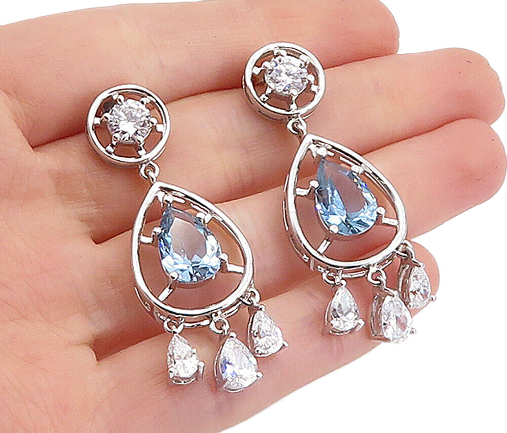925 Sterling Silver Blue Topaz & Cubic Zirconia Tear Drop Earrings EG2465