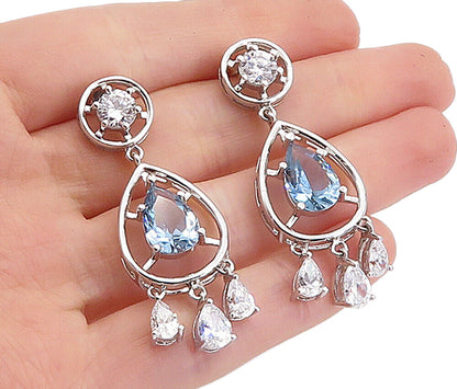 925 Sterling Silver Blue Topaz & Cubic Zirconia Tear Drop Earrings EG2465