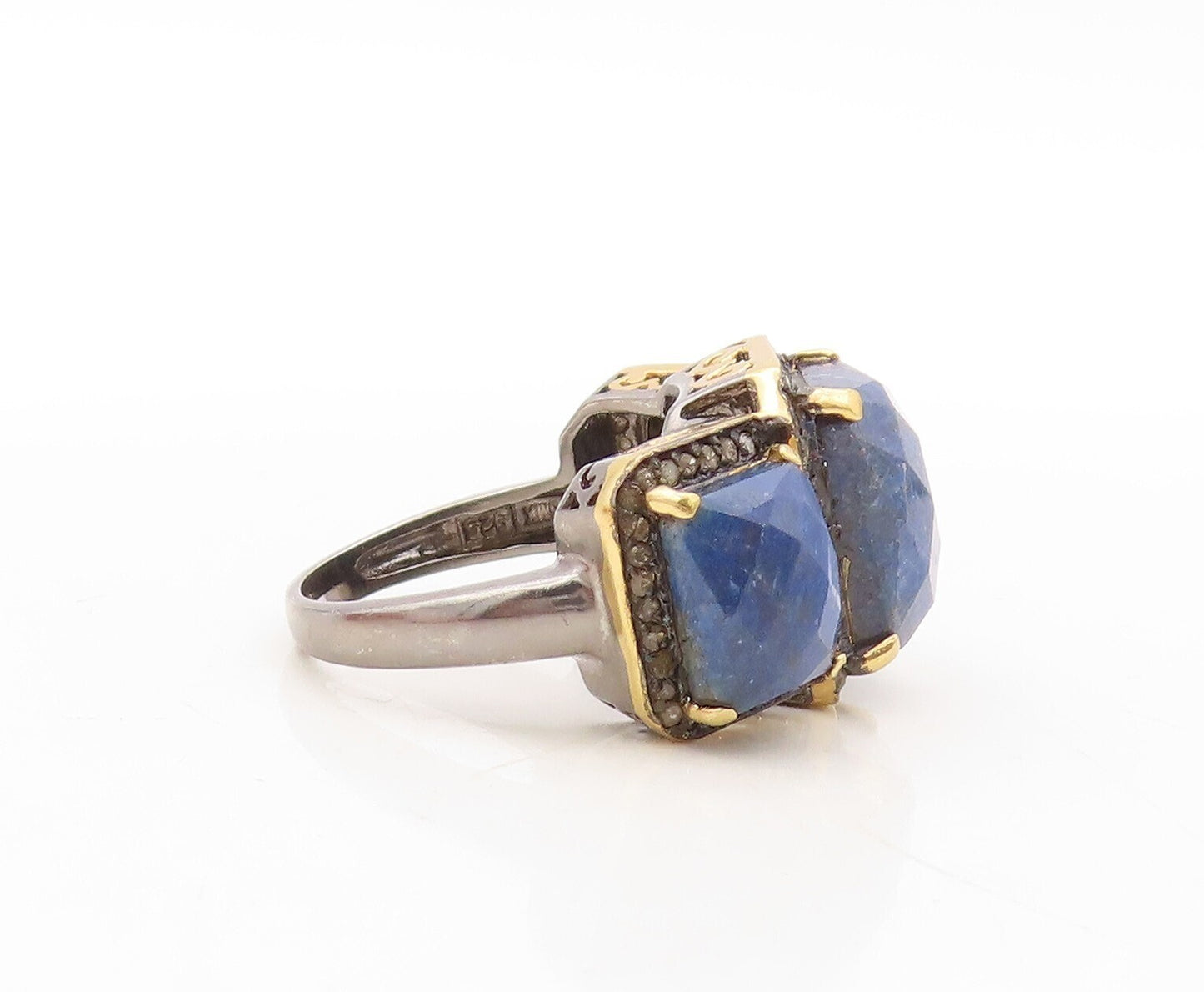 925 Sterling Silver Vintage Ring Diamonds & Blue Gemstones Inlay  Sz 8  RG31070
