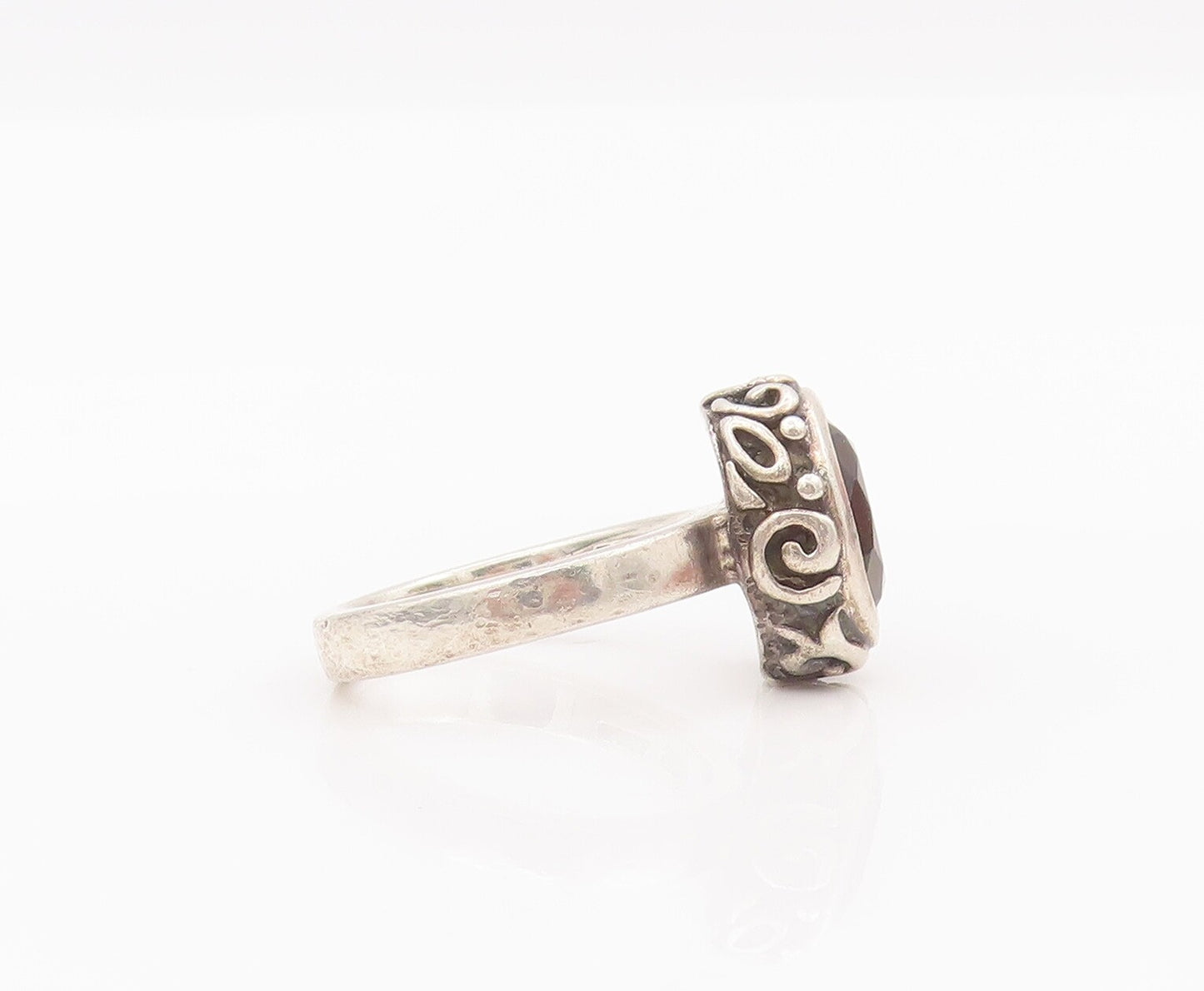 925 Sterling Silver Vintage Ring Swirly Carved Inlay Smoky Quartz  Sz 7  RG28111