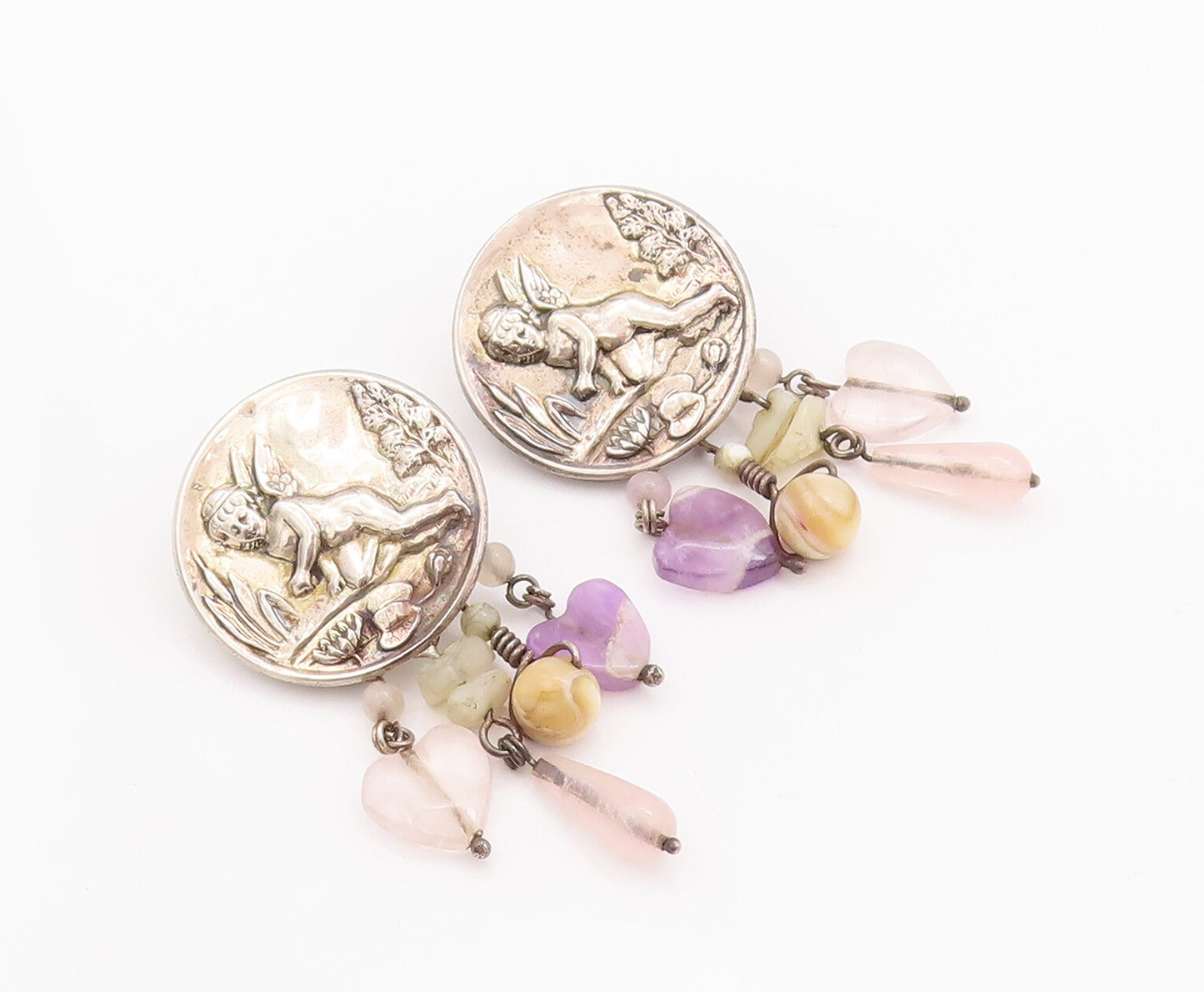 925 Sterling Silver Vintage Earrings FMW Flying Angle Dangling Gemstones EG12979