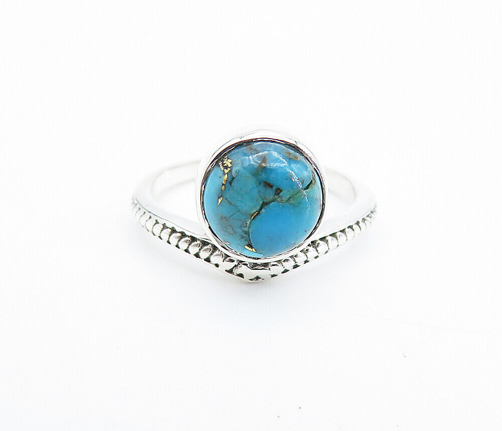 925 Sterling Silver  Cabochon Cut Turquoise Shiny Band Ring Sz 6.5  RG7800