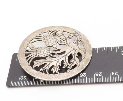 925 Sterling Silver Vintage Brooch Pin Solid Round Frame Floral Cutout  BP10557